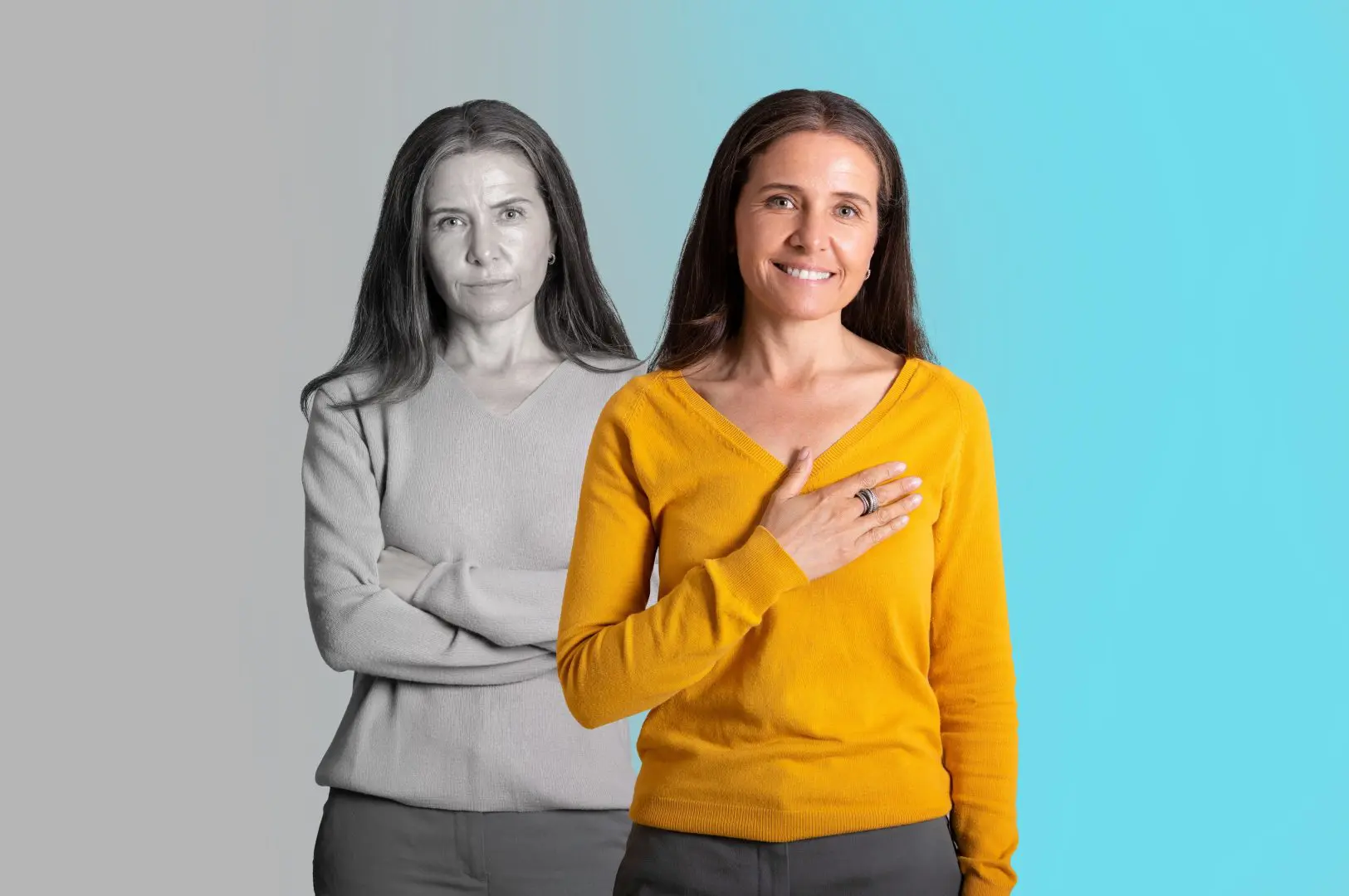 A picture of a woman in two moods, 1 in sad mood in a grey area and a happy mood in the blue area indicating bipolar disorder