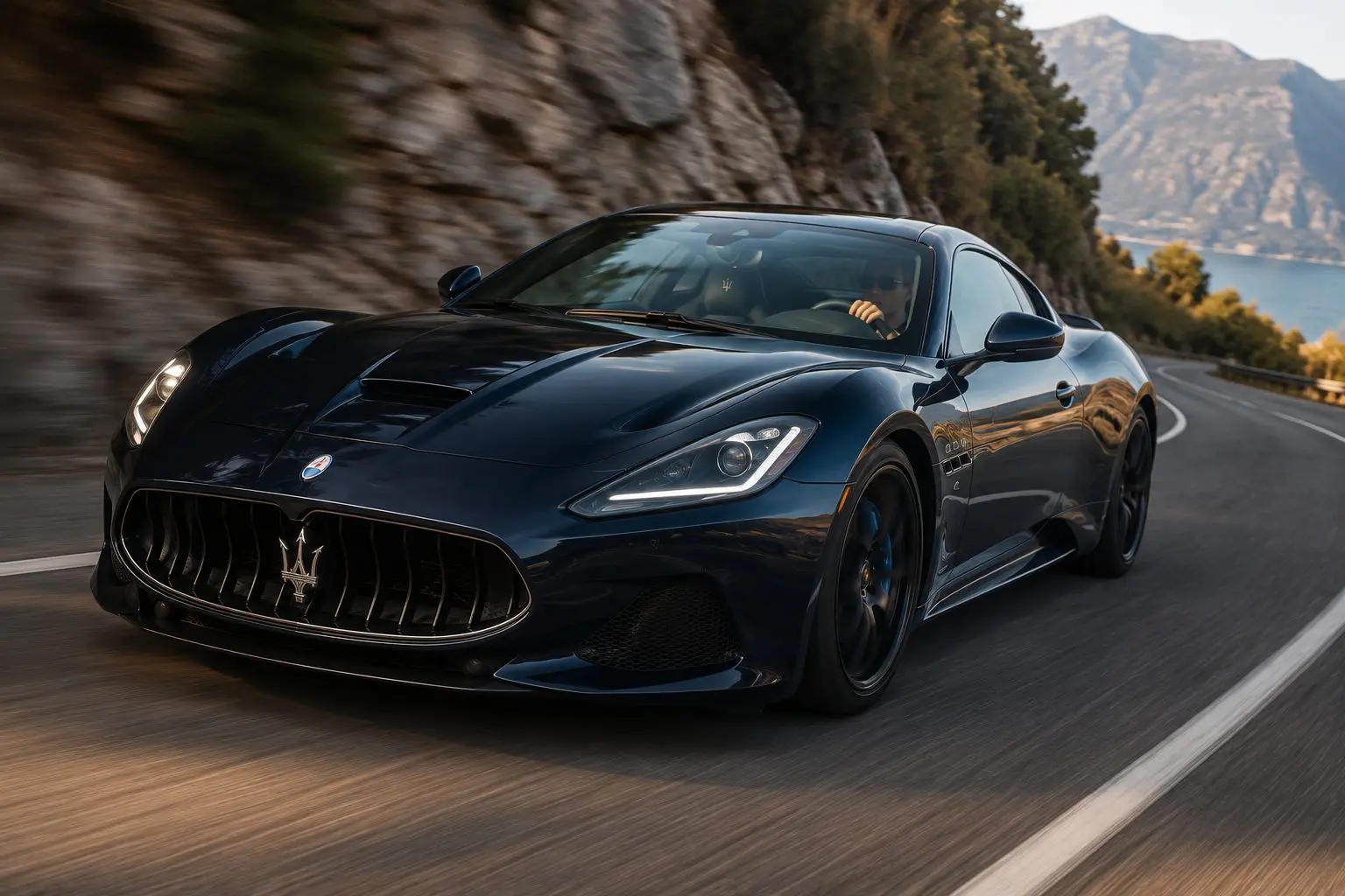 A dark blue Maserati supercar is driven along a winding coastal road, viewed from a low front three-quarter angle. Motion blur and dramatic evening light emphasise the car's speed and performance, while rugged cliffs, distant mountains and the sea provide a scenic backdrop. The driver is visible behind the wheel, creating a realistic, high-end automotive scene.
