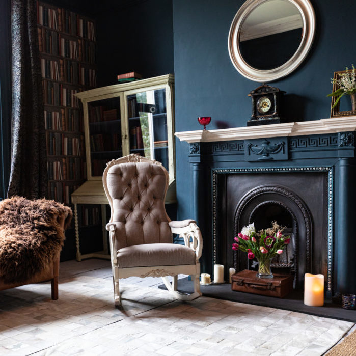 Drawing room with high ceilings and architectural features