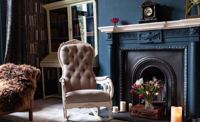 Drawing room with high ceilings and architectural features