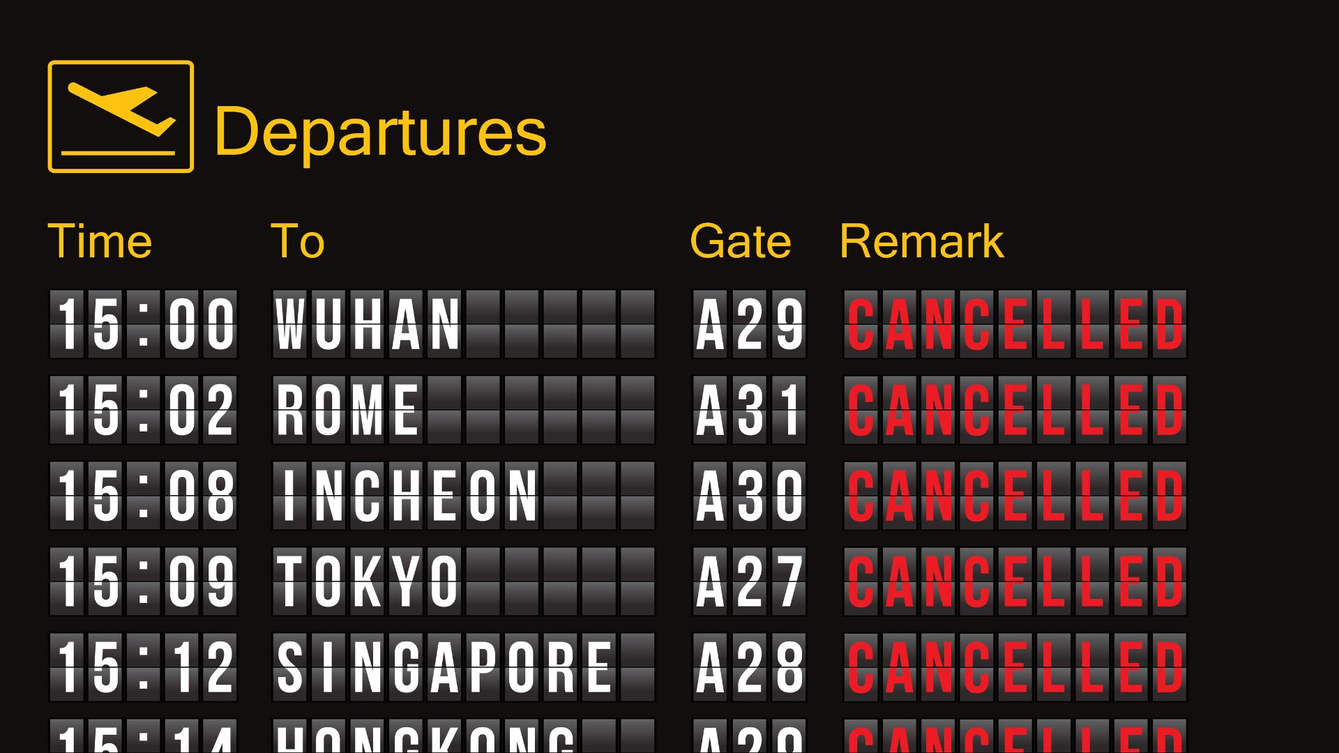 Flight cancellations on an airport board.