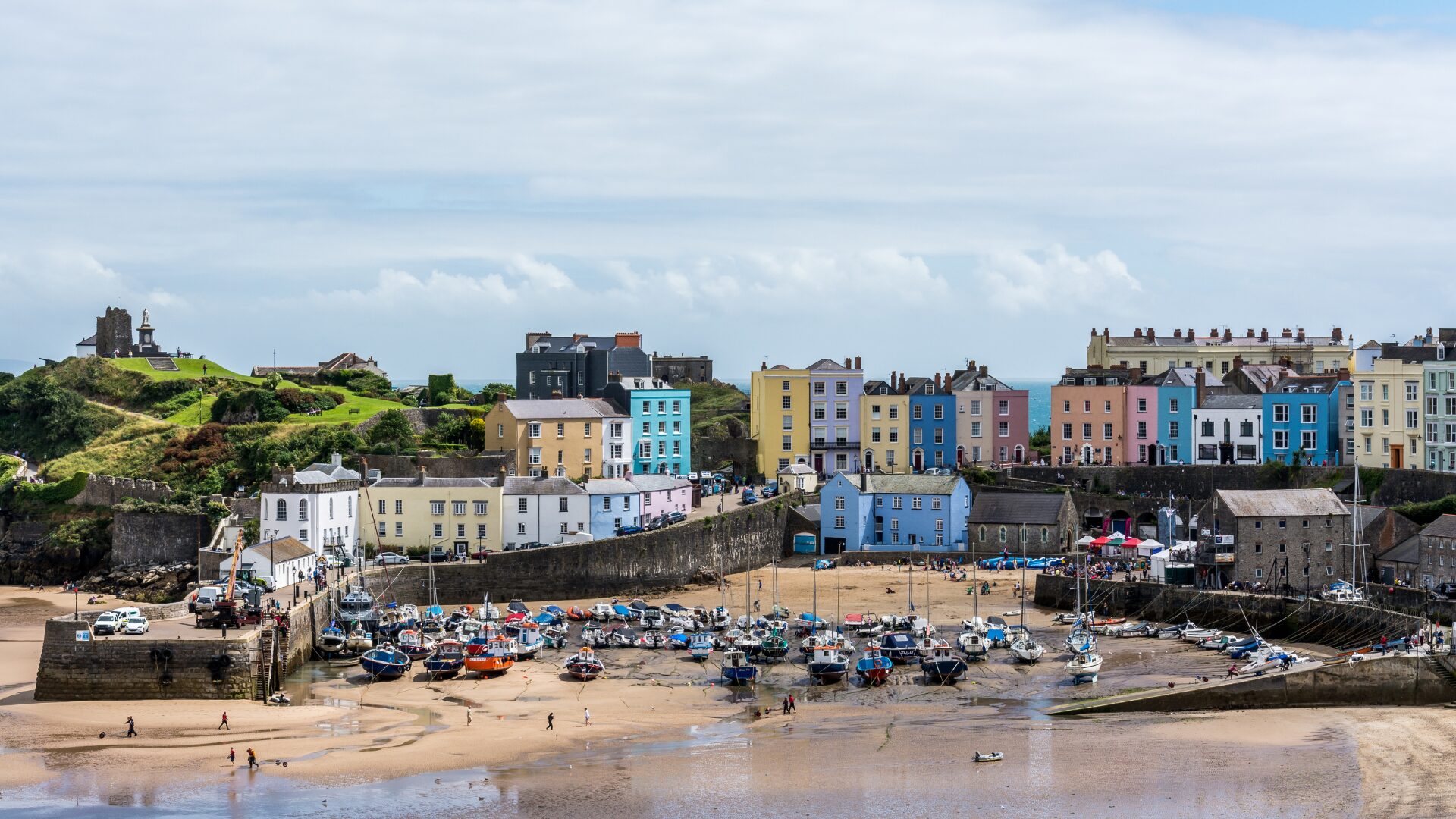 An aerial shot of Tenby, Pembrokeshire with the beach in the foreground.