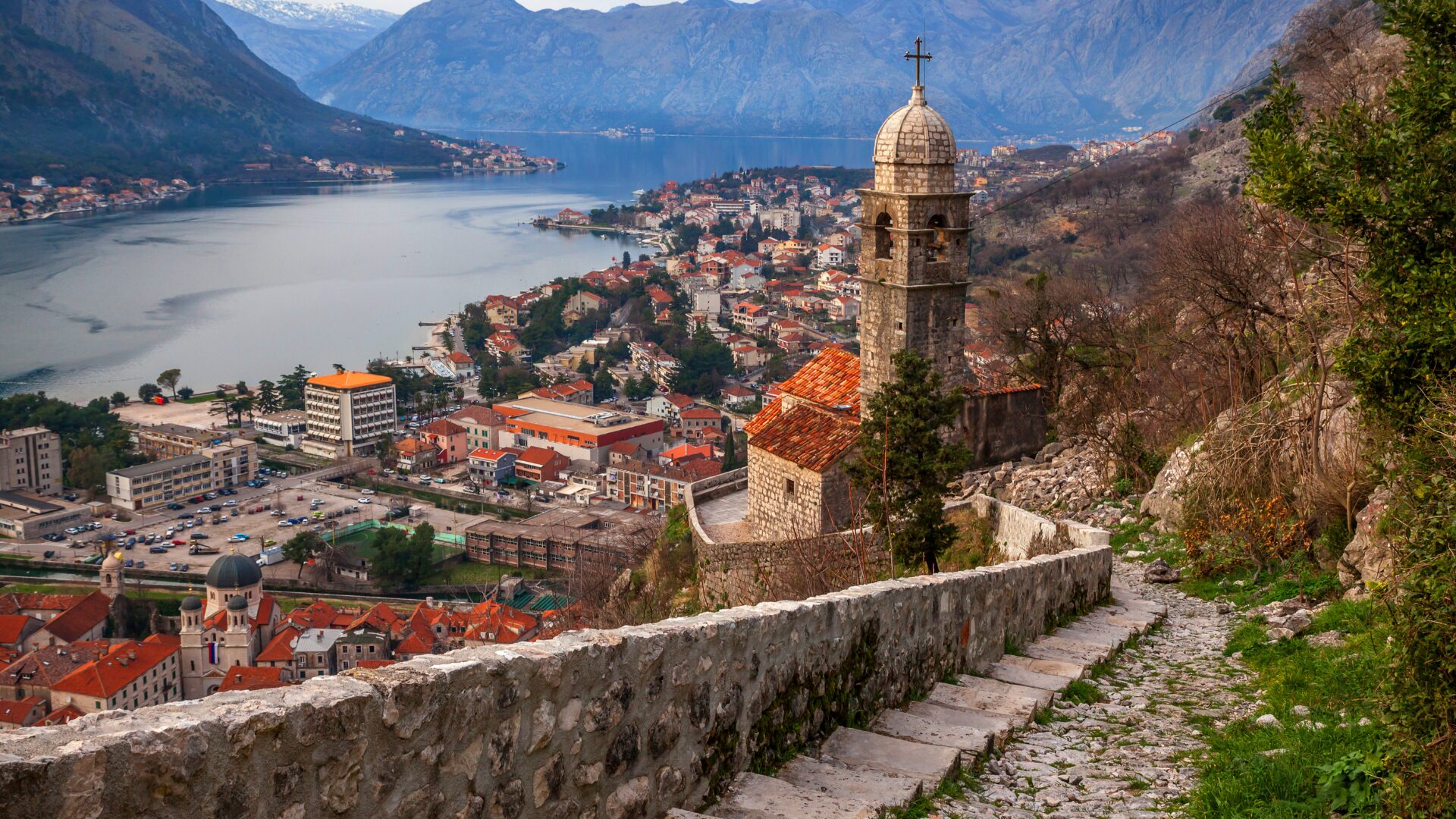 A drone image of Kotor, Montenegro