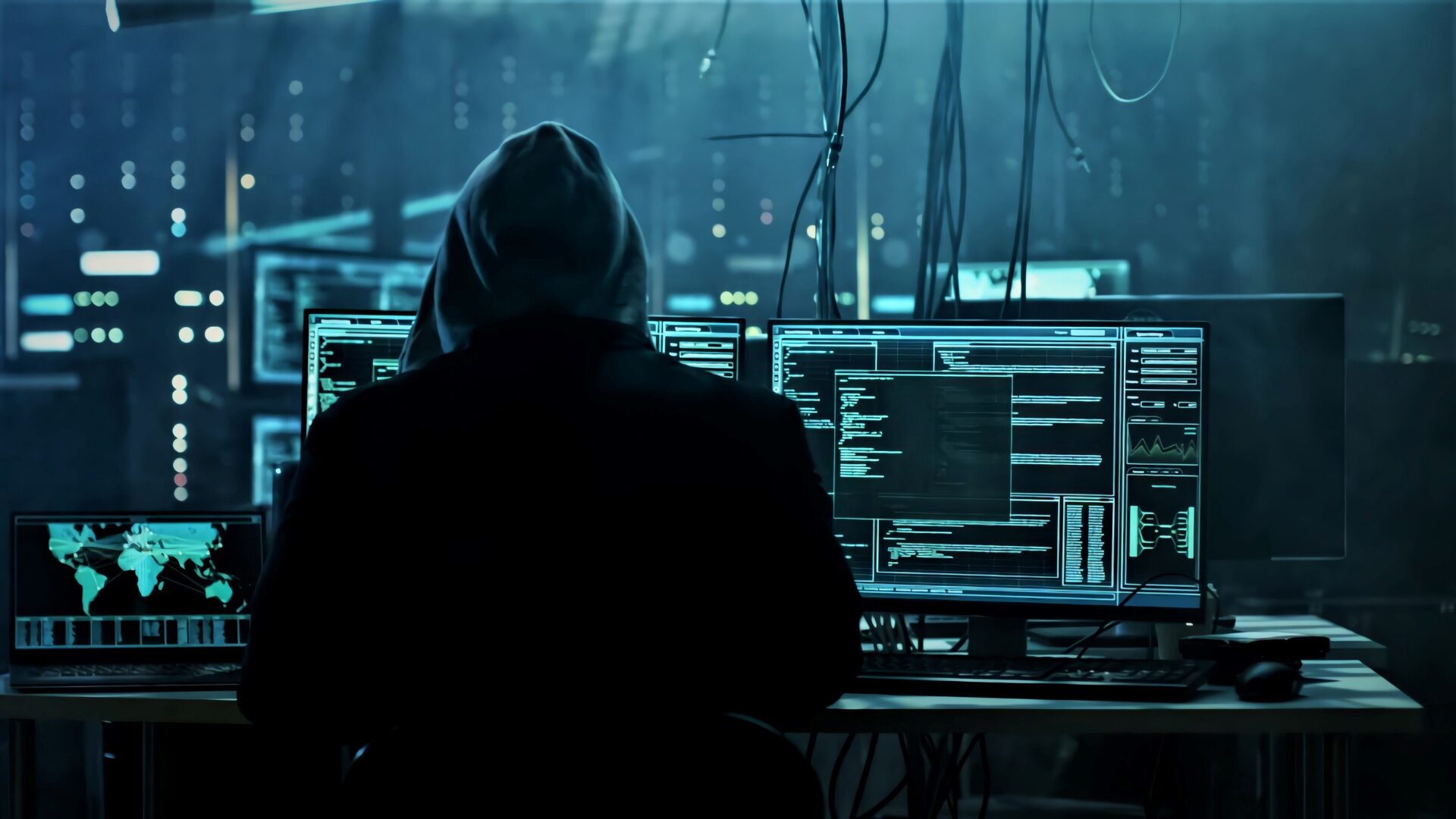 A cybercriminal with his hood up. There are lines of code on two monitors in the background.