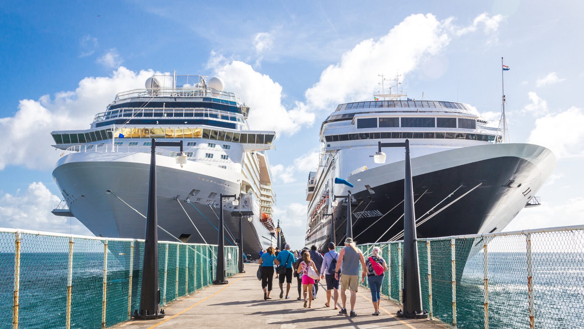 Holidaymakers boarding a big, luxury cruise ship at a port.