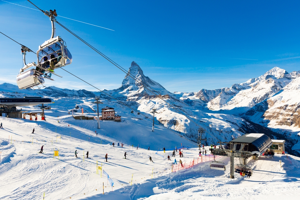 A scenic photo of mountains at Zermatt ski resort in the Alps, Switzerland. 