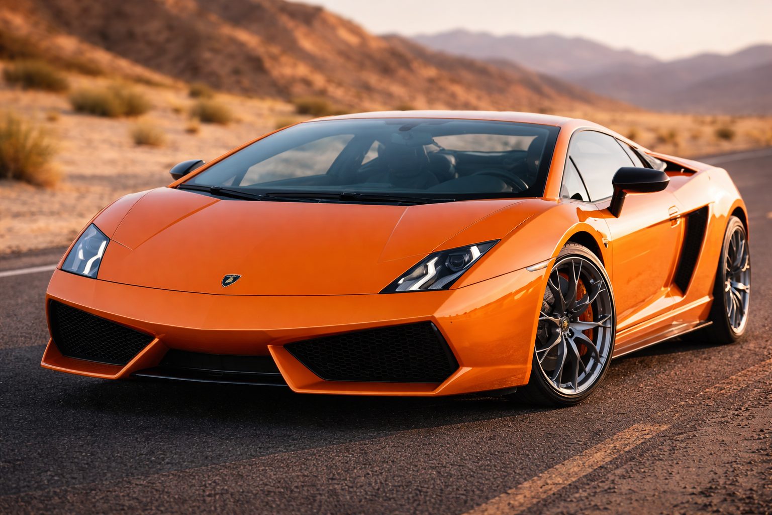 Image of an Orange Lamborghini in a Desert.