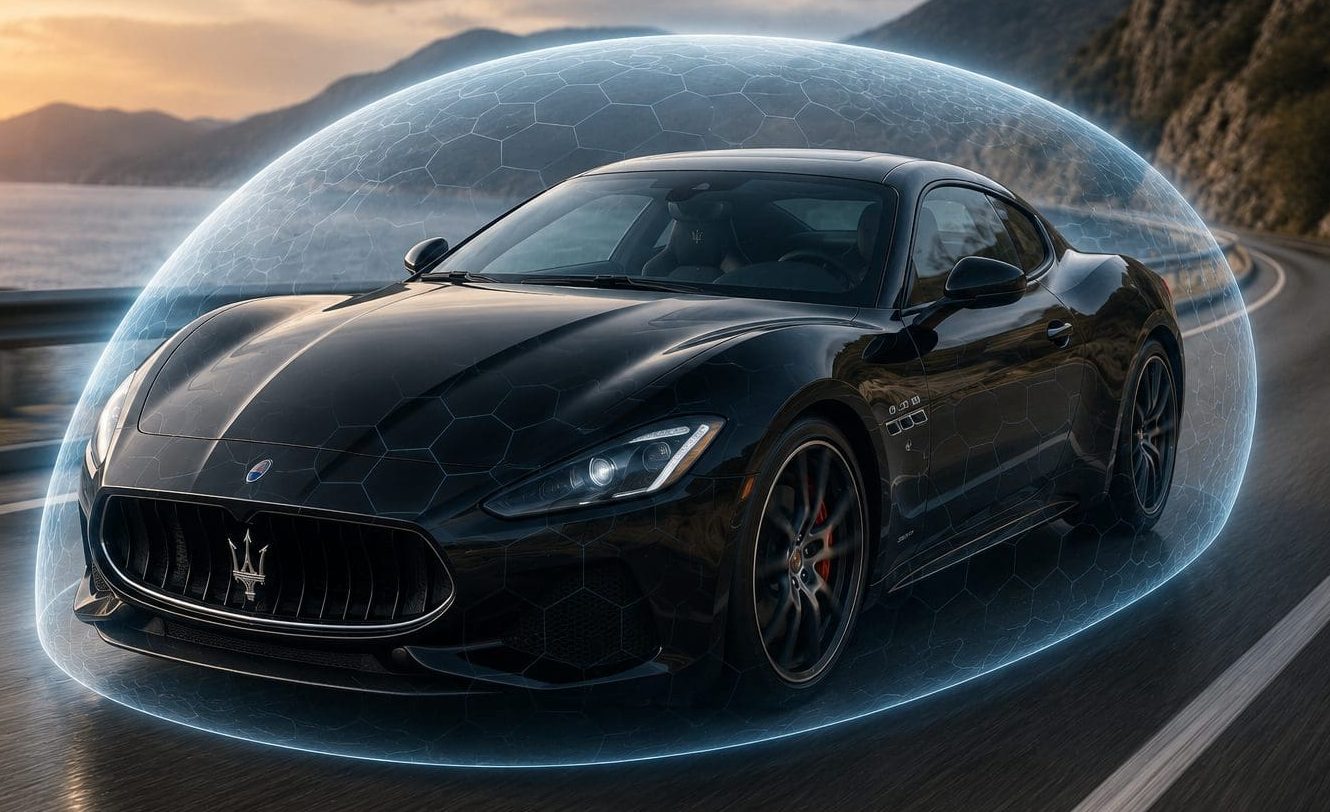 A black Maserati supercar drives along a winding coastal road at sunset, surrounded by a transparent protective shield representing insurance cover. The car retains its original factory finish while the glowing protective barrier wraps around it, symbolising comprehensive protection without obscuring the vehicle. Dramatic lighting, motion blur and a scenic mountain backdrop create a premium, high-performance automotive scene.